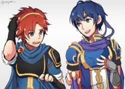 Rule 34 | 2boys, absurdres, armor, blue eyes, blue hair, blush, cape, cosplay, costume switch, fire emblem, fire emblem: mystery of the emblem, fire emblem: the binding blade, gloves, headband, highres, male focus, marth (cosplay), marth (fire emblem), multiple boys, nintendo, open mouth, red hair, roy, roy (cosplay), roy (fire emblem), roy (fire emblem) (cosplay), short hair, smile, super smash bros.