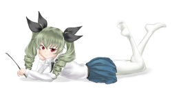 Rule 34 | 10s, 1girl, anchovy (girls und panzer), arm rest, blush, bow, drill hair, girls und panzer, green hair, hair bow, highres, long hair, looking at viewer, lying, on stomach, pantyhose, red eyes, riding crop, simple background, skirt, solo, souji kurokawa, the pose, twin drills, twintails, white background, white pantyhose