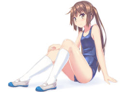 Rule 34 | 1girl, brown eyes, brown hair, cameltoe, changaa, fang, full body, kneehighs, long hair, one-piece swimsuit, original, school swimsuit, shoes, simple background, sitting, socks, solo, swimsuit, twintails, uwabaki, white background, white socks