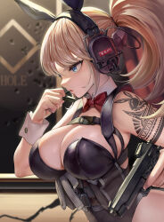 Rule 34 | 1girl, absurdres, animal ears, arm tattoo, black leotard, blonde hair, blue eyes, bow, bowtie, breasts, cleavage, commentary, detached collar, english commentary, fake animal ears, gun, handgun, headphones, highres, holding, holding gun, holding weapon, large breasts, leotard, lips, medium hair, original, playboy bunny, rabbit ears, red bow, red bowtie, shoulder tattoo, sidelocks, solo, sr911656337775, tattoo, weapon, wrist cuffs