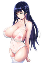 Rule 34 | 1girl, arms behind back, bad id, bad pixiv id, bare arms, bare shoulders, blue hair, blunt bangs, breasts, brown eyes, cleavage, closed mouth, collarbone, covered erect nipples, covered navel, cowboy shot, huge breasts, long hair, looking at viewer, navel, nipples, one-piece swimsuit, original, piston ring, see-through, simple background, smile, solo, standing, swimsuit, thighhighs, very long hair, wet, wet clothes, white background, white one-piece swimsuit, white thighhighs