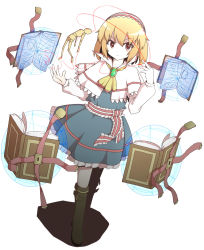 Rule 34 | 1girl, 7stride, alice margatroid, ascot, bad id, bad pixiv id, blonde hair, book, boots, brooch, brown eyes, dress, female focus, full body, hairband, highres, jewelry, keyhole, magic circle, open book, red eyes, short hair, simple background, skirt, skirt set, solo, standing, touhou, white background