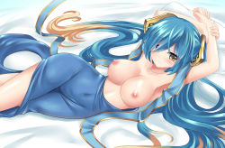 Rule 34 | 1girl, aqua hair, armpits, arms up, blonde hair, blush, breasts, collarbone, curvy, gradient hair, hair ornament, hair over one eye, large breasts, league of legends, light smile, long hair, lying, miyuki rei, multicolored hair, nipples, pillow, skin tight, solo, sona (league of legends), topless, twintails, very long hair, yellow eyes