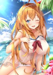 Rule 34 | 1girl, absurdres, ahoge, bikini, blue eyes, blush, braid, breasts, cleavage, hair between eyes, hair ornament, highres, huge breasts, long hair, looking at viewer, one eye closed, open mouth, orange hair, partially submerged, pecorine (princess connect!), pecorine (summer) (princess connect!), princess connect!, ribbon, rumiko (rmeco), see-through, smile, solo, swimsuit, very long hair, wet, white bikini
