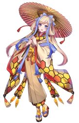 Rule 34 | 1girl, :d, alternate color, blonde hair, blue bow, blue eyes, blue hair, bow, bright pupils, creatures (company), game freak, gen 3 pokemon, hair bow, hair rings, highres, holding, holding umbrella, japanese clothes, katagiri hachigou, kimono, long hair, looking at viewer, milotic, multicolored hair, nintendo, oil-paper umbrella, open mouth, over shoulder, personification, pokemon, sandals, shiny pokemon, simple background, smile, solo, tabi, tassel, teeth, two-tone hair, umbrella, umbrella over shoulder, upper teeth only, white background, white pupils, wide sleeves, zouri