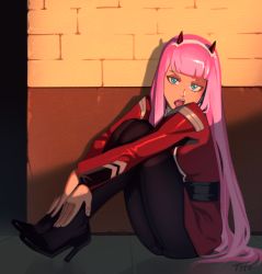 Rule 34 | 1girl, aqua eyes, artist name, black pantyhose, brick wall, darling in the franxx, dress, hairband, high heels, horns, long hair, looking at viewer, military, military uniform, open mouth, optionaltypo, pantyhose, pink hair, red dress, red horns, sitting, solo, tongue, tongue out, uniform, v-shaped eyebrows, very long hair, white hairband, zero two (darling in the franxx)