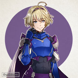 Rule 34 | 1girl, ahoge, armor, black gloves, blonde hair, blue eyes, breastplate, cape, circle, commentary, cosplay, covered abs, fire emblem, fire emblem engage, gloves, grey background, gzei, hairband, hand up, highres, lapis (fire emblem), lapis (fire emblem) (cosplay), merrin (fire emblem), nintendo, purple hairband, short hair, shoulder armor, solo, upper body