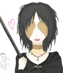 Rule 34 | 1girl, 2boys, black hair, blacksmith boldwin, blindfold, choker, collarbone, demon&#039;s souls, from software, heart, jewelry, maiden in black, multiple boys, necklace, open mouth, short hair, simple background, staff, stockpile thomas, upper body, waru, white background