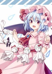 Rule 34 | 1girl, :&gt;, :&lt;, :d, ascot, bat wings, black hat, black wings, blue hair, blush, bow, brooch, closed eyes, collared dress, commentary request, crescent, crescent hair ornament, diagonal stripes, dress, fang, hair between eyes, hair ornament, hakurei reimu, hat, hat bow, holding, izayoi sakuya, jewelry, kirisame marisa, kure~pu, maid headdress, mob cap, o o, open mouth, parted lips, patchouli knowledge, pink hat, pink shirt, pink skirt, puffy short sleeves, puffy sleeves, red ascot, red bow, red eyes, remilia scarlet, shirt, short sleeves, skirt, skirt set, smile, solo, striped, teruterubouzu, touhou, triangle mouth, water drop, white bow, wings, witch hat, | |