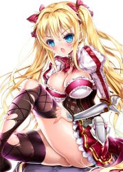 Rule 34 | 1girl, angry, blonde hair, blue eyes, breasts, cleavage, cosmos (the crying moon), large breasts, long hair, open mouth, original, solo, thighhighs, torn clothes, twintails, very long hair