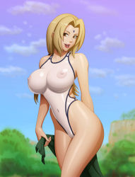 Rule 34 | 1girl, blonde hair, breasts, competition swimsuit, drew gardner, facial mark, forehead mark, highleg, highleg swimsuit, highres, large breasts, naruto, naruto (series), nipples, one-piece swimsuit, see-through, see-through swimsuit, smile, solo, swimsuit, tagme, tsunade (naruto)
