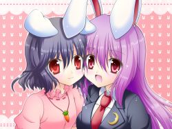 Rule 34 | 2girls, animal ears, carrot, carrot necklace, cheek-to-cheek, crescent, dress, female focus, heads together, inaba tewi, jacket, jewelry, long hair, multiple girls, necklace, necktie, open mouth, osashin (osada), pendant, pink dress, pink hair, purple hair, rabbit ears, red eyes, red necktie, reisen udongein inaba, shirt, short hair, smile, touhou