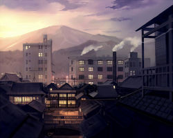 Rule 34 | architecture, boat, building, chimney, city, cityscape, commentary request, east asian architecture, female focus, human village, mountain, no humans, radio antenna, scenery, seo tatsuya, silhouette, smoke, smokestack, the human village, touhou, twilight, watercraft