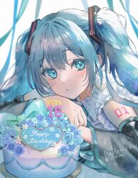 Rule 34 | 1girl, aqua eyes, aqua hair, aqua necktie, birthday, birthday cake, black sleeves, blurry, blurry background, blush, cake, dated, depth of field, detached sleeves, dot nose, dress, food, frilled dress, frills, hair tie, happy birthday, hatsune miku, head rest, highres, long hair, looking at viewer, necktie, open mouth, sidelocks, sideways glance, signature, sleeveless, sleeveless dress, solo, streamers, twintails, upper body, very long hair, vocaloid, wide sleeves, yuyuharu 1027