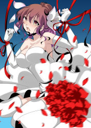 Rule 34 | 1girl, absurdres, bdsm, blush, bouquet, breasts, brown hair, cleavage, dress, female focus, flower, gloves, gradient background, hal (haruna), highres, large breasts, long hair, open mouth, original, petals, plant, ponytail, solo, thighhighs, wedding dress, white thighhighs, yellow eyes