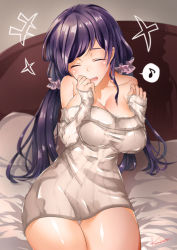 Rule 34 | 10s, 1girl, blush, breasts, breasts squeezed together, cleavage, closed eyes, covered erect nipples, cowboy shot, eyelashes, hair ornament, hair scrunchie, head tilt, karinto yamada, large breasts, laughing, long hair, long sleeves, looking at viewer, love live!, love live! school idol project, low twintails, musical note, off-shoulder, off-shoulder sweater, off shoulder, on bed, open mouth, purple hair, quaver, scrunchie, shadow, shiny skin, signature, sitting, sleeves past wrists, solo, speech bubble, spoken musical note, sweater, swept bangs, thigh gap, tojo nozomi, twintails, very long hair