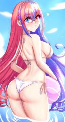 Rule 34 | 1girl, alear (female) (fire emblem), alear (fire emblem), alternate costume, anisdrawn, ass, back, ball, bare back, bare shoulders, beachball, bikini, blue eyes, blue hair, blue sky, braid, breasts, cloud, commentary request, crown braid, day, fire emblem, fire emblem engage, heterochromia, highres, holding, holding ball, large breasts, long hair, looking at viewer, looking back, multicolored hair, nintendo, red eyes, red hair, sidelocks, sky, solo, streaked hair, swimsuit, thighs, very long hair, wading, water, white bikini