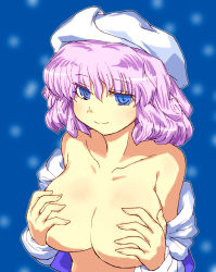 Rule 34 | 1girl, blue eyes, breasts, censored nipples, cleavage, collarbone, covering privates, covering breasts, female focus, gomi ichigo, hat, highres, large breasts, letty whiterock, no bra, off shoulder, open clothes, open shirt, pink hair, purple hair, shirt, smile, solo, topless, touhou