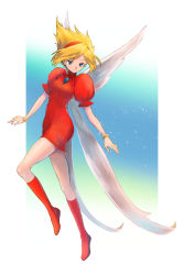 Rule 34 | 1girl, blonde hair, blue eyes, boots, bracelet, breasts, breath of fire, breath of fire iii, closed mouth, dress, feathered wings, full body, hairband, highres, hyuuganatsu, jewelry, knee boots, medium breasts, nina (breath of fire iii), puffy short sleeves, puffy sleeves, red dress, red footwear, red hairband, short dress, short hair, short sleeves, smile, solo, white wings, wings