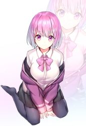 Rule 34 | 10s, 1girl, bad id, bad pixiv id, black skirt, blue pantyhose, clothes down, dress shirt, from above, gridman universe, jacket, long sleeves, looking at viewer, miniskirt, open clothes, open jacket, pantyhose, pink eyes, pink hair, pink neckwear, pleated skirt, popupi, purple jacket, shinjou akane, shirt, short hair, simple background, sitting, skirt, smile, solo, ssss.gridman, wariza, white background, white shirt, zoom layer