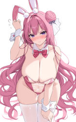 Rule 34 | 1girl, animal ears, arm up, bare shoulders, bow, bowtie, breasts, cleavage, closed mouth, curvy, detached collar, dorothy (nikke), fake animal ears, goddess of victory: nikke, hair bun, hair ribbon, highleg, highleg leotard, highres, large breasts, leaning forward, leotard, long hair, meme attire, pink hair, playboy bunny, purple eyes, rabbit ears, ribbon, skindentation, solo, thigh gap, thighhighs, thighs, translucent bunnysuit, v-shaped eyebrows, very long hair, white thighhighs, wide hips, wrist cuffs, yuxian youka