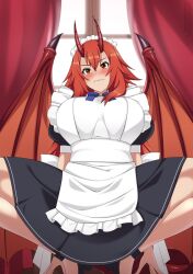 Rule 34 | 1girl, alternate costume, apron, black skirt, blue bow, blush, bow, bowtie, breasts, carla vargas, clenched teeth, commission, dragon girl, dragon wings, embarrassed, enmaided, genjitsu shugi yuusha no oukoku saikenki, highres, horns, large breasts, lindaroze, long hair, looking at viewer, maid, nose blush, puffy short sleeves, puffy sleeves, red hair, red horns, short sleeves, skirt, solo, squatting, sweat, teeth, white apron, wings