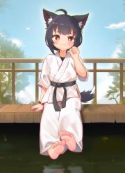 Rule 34 | 1girl, :3, absurdres, ahoge, animal ear fluff, animal ears, barefoot, belt, black belt, black hair, blue sky, blush, bright pupils, chromatic aberration, closed mouth, cloud, day, dougi, fang, fang out, feet, hair ornament, hairclip, hand up, highres, karate, karate gi, kuma-bound, looking at viewer, martial arts belt, original, outdoors, paw pose, plant, red eyes, red wristband, reflection, reflective water, scenery, short hair, sidelocks, sitting, sky, smile, soles, solo, tail, toes, tree, water, white pupils, wooden railing