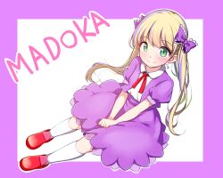 Rule 34 | 1girl, blonde hair, border, bow, character name, commentary request, dress, frilled bow, frills, from above, green eyes, hair bow, long hair, looking at viewer, looking up, madoka (twinbee), outline, puffy short sleeves, puffy sleeves, purple border, purple bow, purple dress, red footwear, red ribbon, ribbon, saburouta (hox-666), short sleeves, solo, thighhighs, twinbee, white background, white outline, white thighhighs