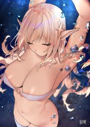 Rule 34 | 1girl, armpits, arms behind head, arms up, artist name, ass, bare shoulders, bikini, blonde hair, blurry, blurry background, breasts, closed eyes, commentary, copyright request, dancer, earrings, elf, english commentary, eyebrows, hair ornament, head down, highres, jewelry, karinto yamada, large breasts, long hair, navel, nipples, no mouth, no panties, ocean, pointy ears, shiny skin, solo, standing, swimsuit, thighhighs, underwater, water, water drop, white thighhighs