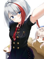 Rule 34 | 2girls, admiral graf spee (azur lane), admiral graf spee (girl&#039;s sunday) (azur lane), admiral graf spee (girl&#039;s sunday) (azur lane), arm support, ayanami (azur lane), azur lane, black dress, blue eyes, blush stickers, buttons, closed mouth, collared shirt, commentary request, desk, double-breasted, dress, empty eyes, expressionless, grey hair, head tilt, hino kagutsuki, jitome, multicolored hair, multiple girls, necktie, red hair, red neckwear, school desk, selfie, shirt, short sleeves, simple background, solo focus, streaked hair, white background