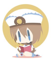 Rule 34 | 10s, 1girl, artist name, bad id, bad twitter id, blanc (neptunia), blue eyes, brown hair, chameleon man (three), chibi, flat color, hat, neptune (series), no lineart, reading, short hair, sitting, solo