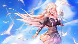 Rule 34 | 1girl, absurdres, bird, blue sky, blurry, blurry background, cloud, collarbone, cowboy shot, closed eyes, floating hair, highres, ia (vocaloid), long hair, microphone stand, miniskirt, music, off shoulder, open mouth, pink skirt, pleated skirt, signature, silver hair, singing, skirt, sky, solo, songjiangcc, standing, very long hair, vocaloid