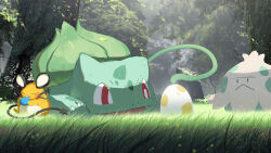 Rule 34 | absurdres, asteroid ill, bulbasaur, bush, creatures (company), day, dedenne, forest, game freak, gen 1 pokemon, gen 3 pokemon, gen 6 pokemon, grass, highres, landscape, light rays, looking at another, nature, nintendo, no humans, outdoors, plant, pokemon, pokemon (creature), scenery, shadow, shroomish