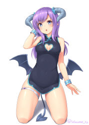Rule 34 | 1girl, blush, breasts, chestnut mouth, cleavage cutout, clothing cutout, demon girl, full body, hair between eyes, hand in own hair, head tilt, long hair, looking at viewer, low wings, original, pelvic curtain, pointy ears, sasaame, simple background, skindentation, solo, thigh strap, thighs, white background, wings
