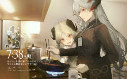 Rule 34 | 2girls, :d, arknights, black sweater, blonde hair, blurry, breasts, chopsticks, cooking, demon horns, depth of field, dragon horns, drooling, ear piercing, frying pan, highres, horns, id card, ifrit (arknights), indoors, kitchen, kuroduki (pieat), long hair, long sleeves, low twintails, medium breasts, mouth drool, multiple girls, open mouth, orange eyes, parted bangs, parted lips, photo (object), piercing, pot, rhine lab logo, saria (arknights), silence (arknights), silver hair, smile, sweater, timestamp, translation request, twintails, upper body, v-shaped eyebrows, very long hair