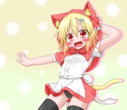 Rule 34 | 1girl, alternate costume, animal ears, arm behind head, black panties, black thighhighs, blonde hair, blush stickers, bow, cameltoe, capelet, cat ears, cat girl, cat tail, fang, female focus, hair ornament, hair ribbon, hairclip, hat, hat with ears, kemonomimi mode, little red riding hood, oden (th-inaba), open mouth, outstretched arm, panties, pantyshot, red eyes, ribbon, rumia, shirt, short sleeves, skirt, smile, solo, tail, thighhighs, touhou, underwear, upskirt