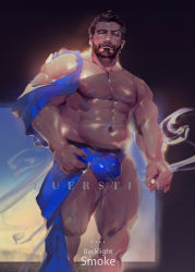 Rule 34 | 1boy, abs, artist name, bara, beard, blue male swimwear, blue swim briefs, brown hair, bulge, cigarette, facial hair, feet out of frame, large pectorals, looking at viewer, luerstine, male focus, male swimwear, manly, mature male, muscular, muscular male, nipples, original, pectorals, short hair, signature, smile, smoke, smoking, solo, swim briefs, swimsuit, thick arms, thick thighs, thighs