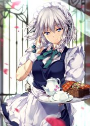 Rule 34 | 1girl, apron, basket, blue eyes, bow, braid, breasts, closed mouth, cup, day, food, gate, green bow, green neckwear, hair between eyes, hair bow, hair ribbon, hand up, handkerchief, holding, izayoi sakuya, lips, looking at viewer, maid, maid headdress, medium breasts, monety, outdoors, petals, pocket watch, ribbon, sandwich, sandwiched, silver hair, smile, solo, teacup, teapot, touhou, tray, twin braids, waist apron, watch, wing collar, wrist cuffs