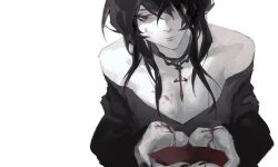 Rule 34 | black hair, blood, blood on hands, colored skin, cross, cross necklace, hair over one eye, highres, jewelry, jiao chang, necklace, pale skin, red eyes, white background, white skin