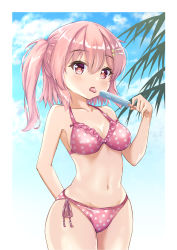 Rule 34 | 1girl, arm behind back, bikini, blue sky, cloud, commentary request, eyebrows hidden by hair, food, highres, koi kakeru shin-ai kanojo, long hair, looking at viewer, matsu520, one side up, palm leaf, pink bikini, pink hair, polka dot, polka dot bikini, popsicle, red eyes, shindou ayane, side-tie bikini bottom, sky, solo, standing, swimsuit, tongue, tongue out