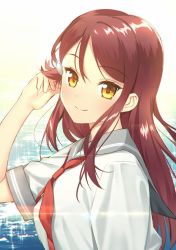 Rule 34 | 10s, 1girl, blush, brown hair, from side, grey sailor collar, hair ornament, hairclip, hand in own hair, long hair, looking at viewer, love live!, love live! sunshine!!, nagareboshi, neckerchief, ocean, red neckerchief, sailor collar, sakurauchi riko, school uniform, serafuku, shirt, short sleeves, smile, solo, sparkle, upper body, uranohoshi school uniform, white background, white shirt, yellow eyes