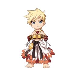 Rule 34 | 1boy, barefoot, belt, black belt, black gloves, blonde hair, blue eyes, championship belt, chibi, closed mouth, clothes around waist, cross of prontera, cross scar, fist bump, flame print, full body, gauntlets, gloves, jewelry, looking at viewer, male focus, necklace, official art, pants, ragnarok online, scar, scar on chest, shirt, shirt around waist, short bangs, short hair, simple background, smile, solo, standing, sura (ragnarok online), tachi-e, topless male, transparent background, v-shaped eyebrows, white pants, white shirt, yuichirou