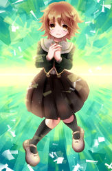 Rule 34 | 10s, 1boy, androgynous, bad id, bad pixiv id, blush, brown hair, danganronpa: trigger happy havoc, danganronpa (series), fujisaki chihiro, kneehighs, long sleeves, male focus, natsuhachi, open mouth, own hands clasped, own hands together, school uniform, skirt, socks, solo, tears, trap, yellow eyes