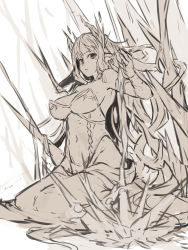 Rule 34 | 1girl, bare shoulders, breasts, closed mouth, covered navel, dress, earrings, greyscale, hand up, highres, horns, jewelry, long hair, looking at viewer, medium breasts, monochrome, original, pointy ears, seiza, sitting, solo, strapless, strapless dress, very long hair, yuuji (yukimimi)