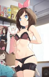 Rule 34 | 1girl, air conditioner, armpits, bare arms, bare shoulders, bed, black panties, black shorts, blue eyes, blush, bra, breasts, bright pupils, brown hair, character doll, cleavage, cloba, closed mouth, clothes hanger, clothes pull, collarbone, dated, day, doll, dressing, figure, hair ribbon, highres, hinata channel, indoors, kaguya luna, kizuna ai, kizuna ai inc., looking at viewer, multicolored hair, navel, nekomiya hinata, open clothes, open fly, open shorts, panties, pink hair, pink ribbon, poster (object), purple bra, ribbon, shirt, short hair, short shorts, shorts, shorts pull, signature, small breasts, solo, speaker, stomach, the moon studio, trophy, two-tone hair, underwear, virtual youtuber, white shirt, window