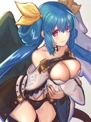 Rule 34 | 1girl, angel wings, arms under breasts, asymmetrical wings, bare shoulders, belt, black panties, blue hair, breasts, breasts squeezed together, choker, cleavage, clothing cutout, collarbone, cropped legs, crossed arms, detached collar, detached sleeves, dizzy (guilty gear), from above, guilty gear, guilty gear xrd, hair between eyes, hair ribbon, hair rings, highres, kore (kore), large breasts, long hair, looking at viewer, looking up, monster girl, navel, off shoulder, panties, red eyes, ribbon, sidelocks, skindentation, solo, tail, thick thighs, thigh strap, thighhighs, thighs, twintails, underwear, wide sleeves, wings