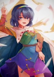 Rule 34 | 1girl, bad id, bad pixiv id, blue cape, blue eyes, blue hair, cape, dress, hairband, highres, long sleeves, multicolored clothes, multicolored dress, multicolored hairband, patchwork clothes, pointing, pointing down, pointing up, rainbow gradient, short hair, taguno, tenkyuu chimata, touhou, two-sided cape, two-sided fabric, two-tone cape, white cape, zipper, zipper pull tab