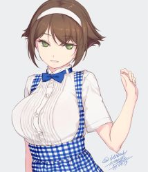 Rule 34 | 10s, 1girl, alternate costume, arm up, blouse, blue bow, blue bowtie, bow, bowtie, breasts, brown hair, buttons, checkered clothes, checkered dress, dated, dirndl, dress, german clothes, getsuyoubi no tawawa, green eyes, grey background, headband, kantai collection, kobeya uniform, large breasts, looking at viewer, mutsu (kancolle), parted lips, rokuwata tomoe, shirt, short sleeves, simple background, skirt, solo, suspender skirt, suspenders, underbust, upper body, white dress, white shirt
