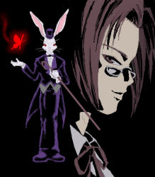 Rule 34 | 00s, 1boy, black background, brown eyes, brown hair, bug, butterfly, cane, evil smile, formal, glasses, hat, humanization, insect, laplace&#039;s demon (rozen maiden), lowres, neck ribbon, pince-nez, rabbit, ribbon, rozen maiden, smile, suit, top hat