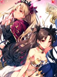 Rule 34 | 2girls, bad id, bad pixiv id, bare shoulders, black hair, blonde hair, blue thighhighs, blush, bow, breasts, cleavage, cloak, closed mouth, collarbone, detached sleeves, ereshkigal (fate), fate/grand order, fate (series), floating hair, gem, hair bow, hand up, highres, ishtar (fate), kat (bu-kunn), knee up, long hair, long sleeves, medium breasts, multiple girls, navel, parted bangs, purple bow, red eyes, revealing clothes, single sleeve, smile, sweatdrop, thighhighs, thighs, tohsaka rin, twintails, two side up, wavy hair